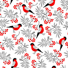 Bullfinch birds seamless pattern with Mountain ash leaves and berries. Merry Christmas collection background. Natural winter texture. Vector illustration