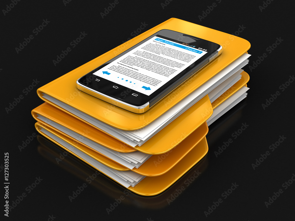 Poster folders and files with touchscreen smartphone. image with clipping path