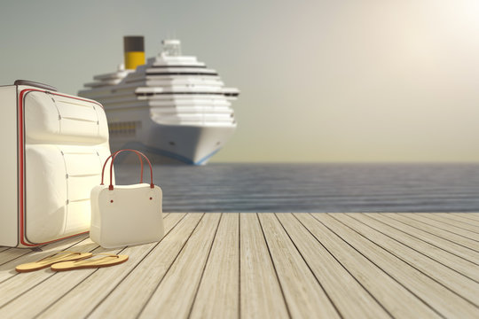 some luggage and a cruise ship in the background
