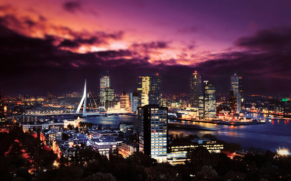 Rotterdam skyline with Erasmus bridge at twilight as seen from the Euromast tower, The Netherlands