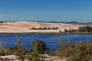 White sand dunes with the lake trees at Mui Ne