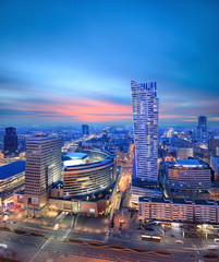 Night view of Warsaw modern business district from viewpoint of Culture and science palace