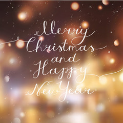 merry christmas and happy new year, vector lettering, handwritten text on blurred background of night winter town