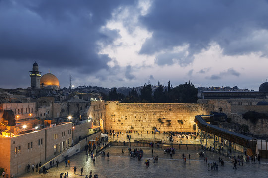The wailing Wall and the Dome of the Rock in the Old city of Jerusalem n the evening, Israel