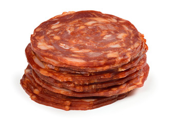 slices of salami isolated on white background