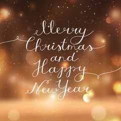 merry christmas and happy new year, vector lettering, handwritten text on blurred background of night winter street