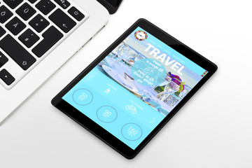 Device on the table with travel agency website open
