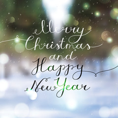 merry christmas and happy new year, vector lettering, handwritten text on blurred winter background