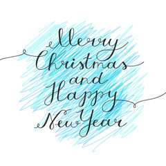 merry christmas and happy new year, vector lettering, handwritten text on scribble pencil background
