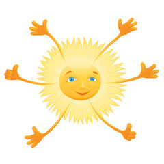радостное желтое шестирукое солнце с голубыми глазами улыбается