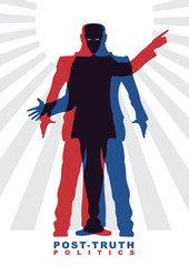 Vector illustration of Post-truth politics. Two male silhouettes in suits, who constitute the other silhouettes. Concept of social theme.