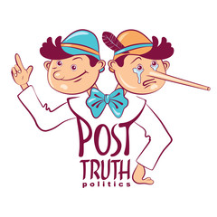 Vector hand drawn lettering of Post-truth politics. Cartoon illustration of the dual figure of truth-seekers and liar Pinocchio with a long nose. - obrazy, fototapety, plakaty
