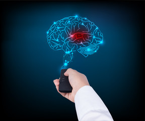 woman holding TV remote control with brain on blue background
