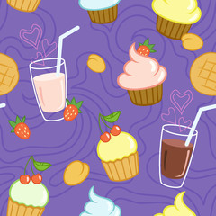 Seamless pattern with cupcakes, waffles, milk shakes and fruits. Vector illustration