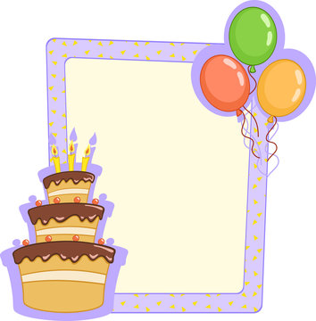 Purple birthday card with birthday cake and colorful balloons. Vector illustration
