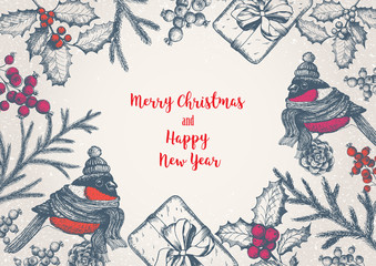 Christmas greeting card or invitation design. Vintage background with needles, cones, fir and bird. Xmas cute bird dressed in scarf and cap. Linear graphic. New year vector illustration.