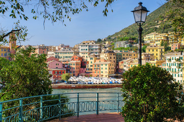 view of the small harbor of the former fishing village Nervi, now part of Genoa, from the famous Ligurian seafront promenade with its many peaceful and romantic corners