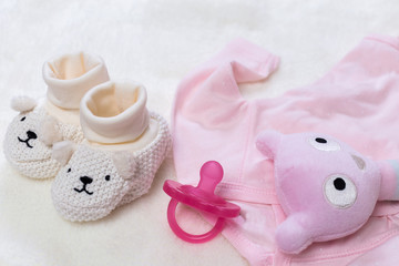 set of fashion trendy clothes and kids stuff for little baby girl