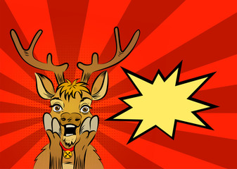 Fototapeta premium Vector surprised open-eyed christmas deer comics pop art style