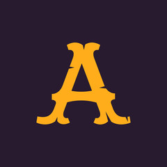 Letter A logo. Vintage serif type with rough edges.