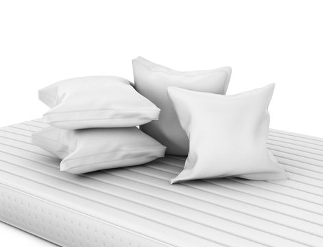 Closeup of white pillows on mattress. 3D illustration