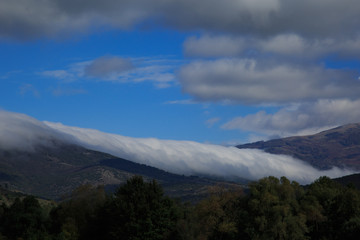 misty and cloudy autumn high in the mountains.