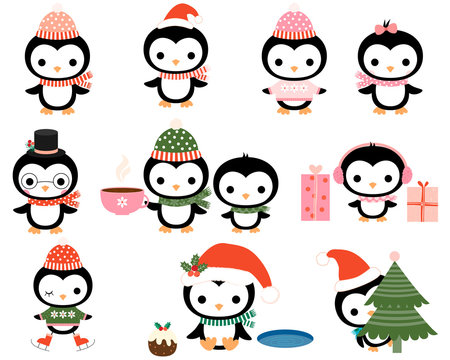 Cute Christmas penguins with hats, scarves for greeting cards, baby shower designs and invitations