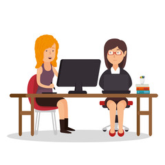 girls team office workplace computer vector illustration eps 10