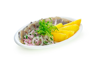 isolated pieces of salt fillet herring with onion