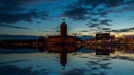 Time lapse of Stockholm's most famous landmark, The City Hall. This is where the nobel prize banquet takes place every year. vertical panning. - Powered by Adobe