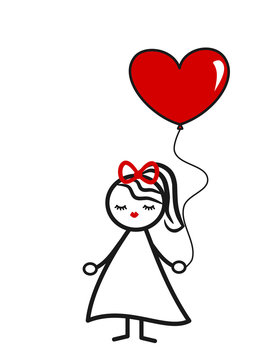 cute lovely black white red stick figure girl with heart balloon concept vector illustration

