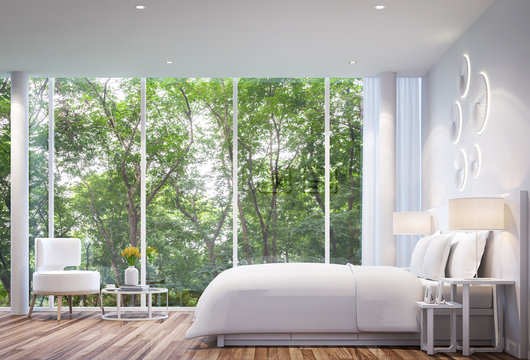 White Bedroom modern minimalist style  white bed with large windows. Looking to experience nature up close.