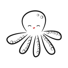 cute black white hand drawn octopus linear vector illustration

