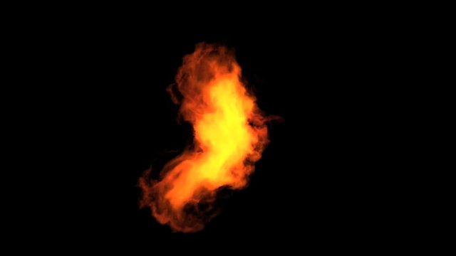 Endlessly burning fire on a black background. Seamless loop of an isolated flame with alpha matte. Center position.