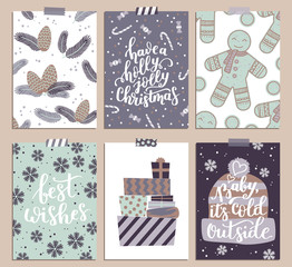Vector collection of Christmas poster templates. Christmas set of greeting cards. Bright colors. gingerbread Man and hand written lettering for your invitation and design.