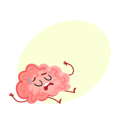 Funny tired, stressed out brain sweating and lying exhausted, cartoon vector illustration on yellow background for text. Cute worn out brain character as a symbol of stress and overtraining