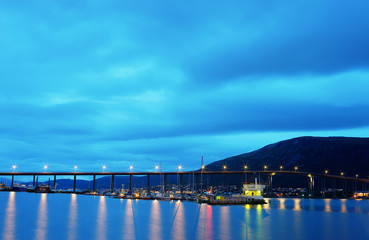 Fototapeta na wymiar Norway night bridge with lights background