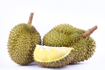 yellow durian  mon thong is king of fruits durian and  durian peeled fruit plate tropical durian on white background healthy durian fruit food isolated
