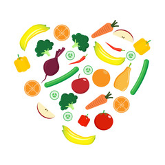 fruit and vegetable. icons set in heart shape. vegetarian , organic and healthy food design concept.