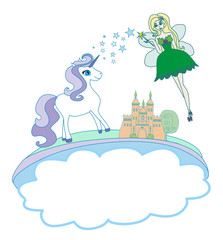 Castle, Unicorn and fairy - doodle illustration