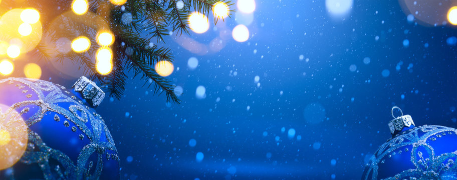 Art Christmas Decoration On Blue Snow Background