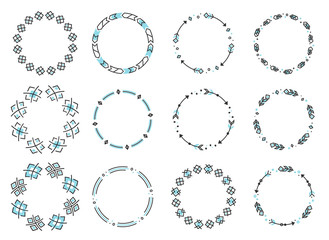 Obraz premium Set of ethnic style round ornaments. Vector frames with geometric shapes, feathers and arrows. Blue and grey