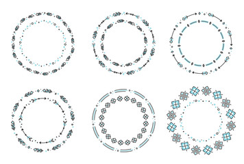 Set of ethnic style round ornaments. Vector frames with geometric shapes, feathers and arrows. Blue and grey