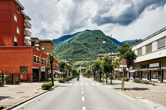 Mountain town at start and end of Bernina Express railway, Tirano, Italy