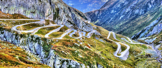 Serpentine road to the St. Gotthard Pass in the Swiss Alps - obrazy, fototapety, plakaty