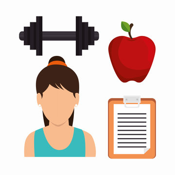 set fitness girl apple barbell clipboard vector illustration eps 10