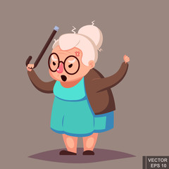 cartoon Angry Old Woman Brandishing Her Cane. Senior lady with glasses shouting Vector illustration.
