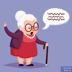 Old woman with cane. Senior lady glasses talking warning her finger up. Vector illustration.
