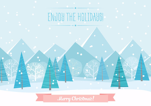 Beautiful Chrismas winter flat landscape background. Christmas forest woods with mountains. New Year vector greeting card.