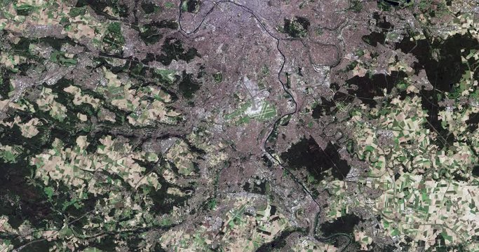 High-altitude overflight aerial of Paris. Clip loops and is reversible. Elements of this image furnished by NASA 